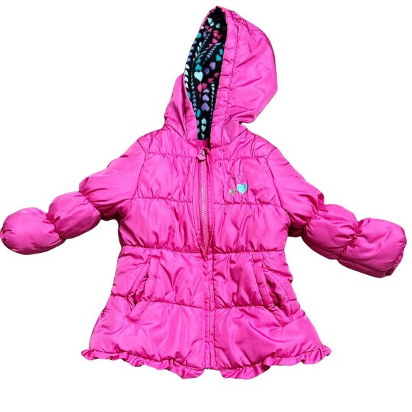 London Fog Jacket Girls Size 3T Pink Fleece Lined Puffer Ruffle Trim Hooded - Picture 1 of 5